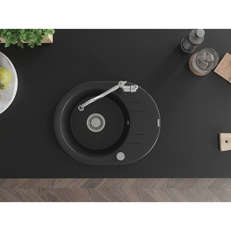 Mexen Kevin granitový dřez 1-komorový s odkapávačem a kuchyňskou baterií Carla, černý - 6517-77-670700-00