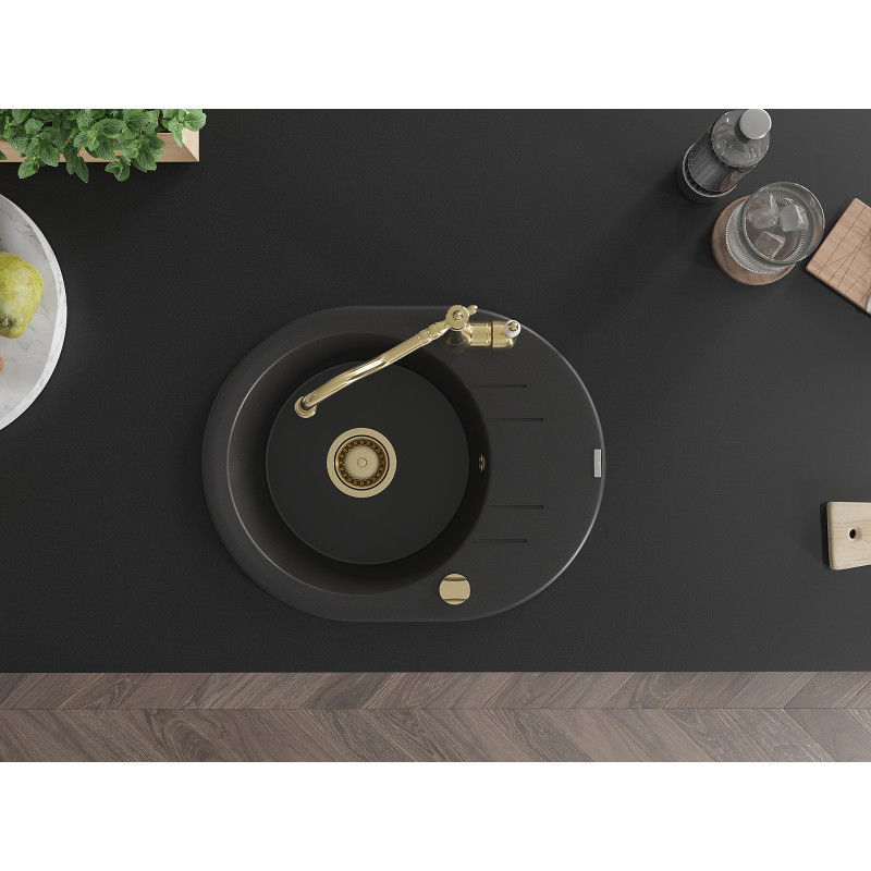 Mexen Kevin granitový dřez jednokomorový s odkapávačem a kuchyňskou baterií Carla, černý - 6517-77-670700-50