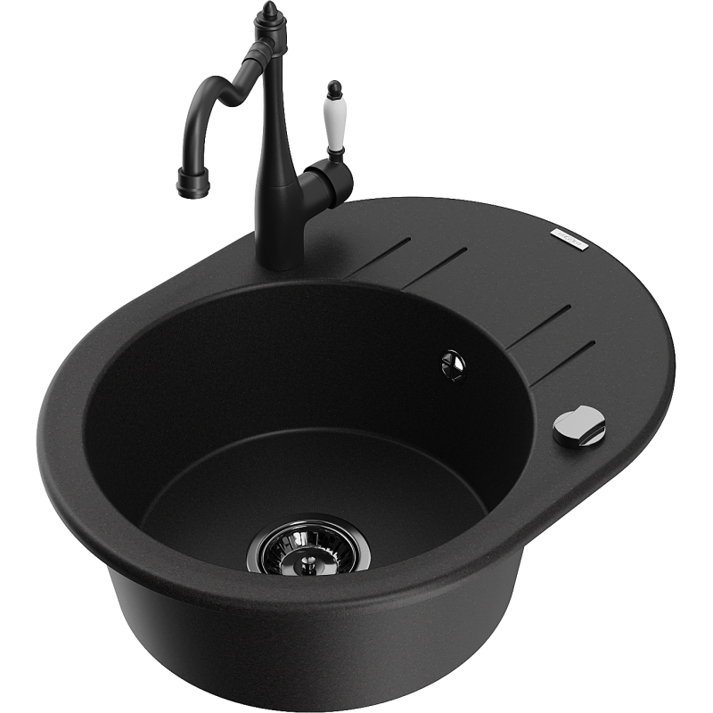 Mexen Kevin granitový dřez 1-komorový s odkapávačem a kuchyňskou baterií Carla, černý - 6517-77-670700-70-B