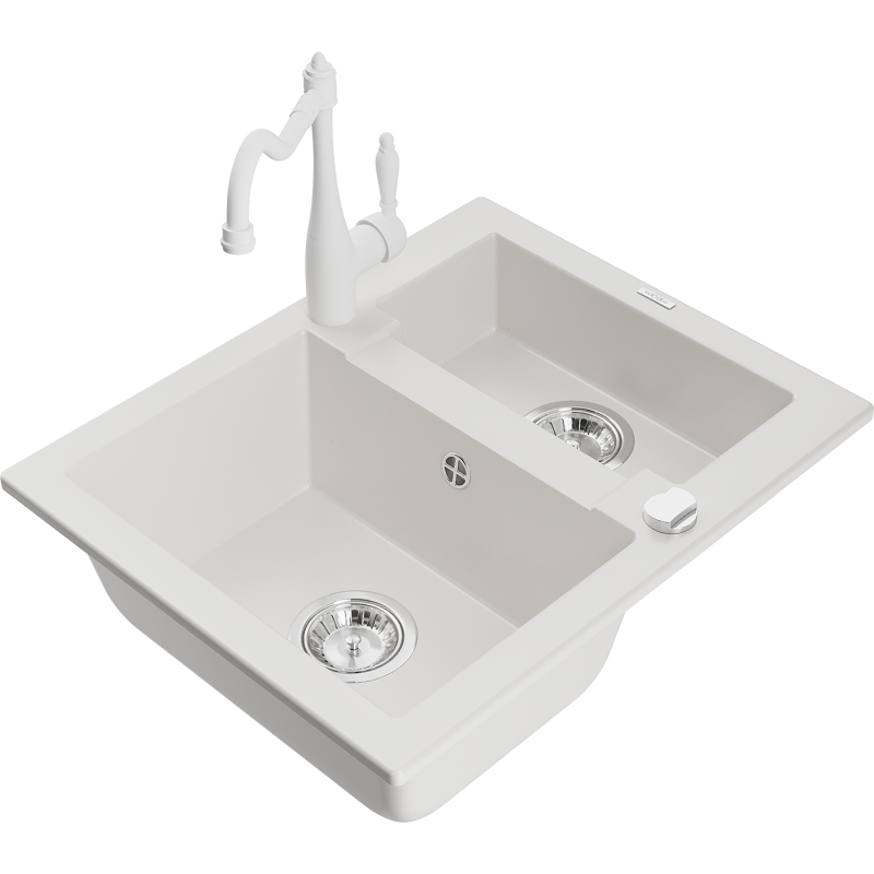 Mexen Carlos granitový dřez 1,5-komorový s kuchyňskou baterií Carla, bílý - 6518-20-670700-20