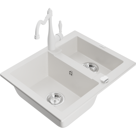 Mexen Carlos granitový dřez 1,5-komorový s kuchyňskou baterií Carla, bílý - 6518-20-670700-20