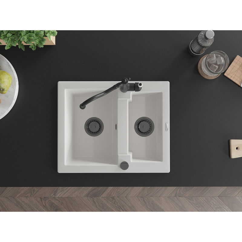 Mexen Carlos žulový dřez 1,5 komorový s kuchyňskou baterií Carla, bílý - 6518-20-670700-70