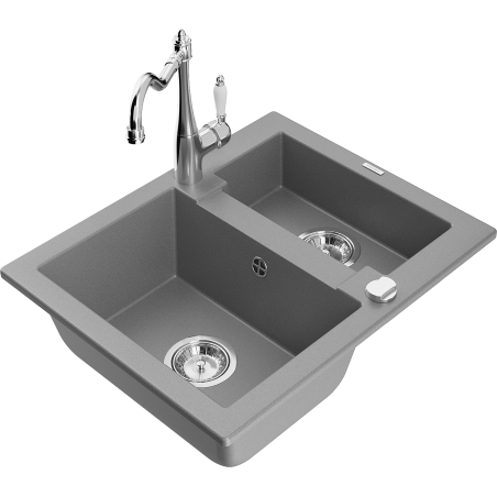 Mexen Carlos granitový dřez 1,5-komorový s kuchyňskou baterií Carla, šedý - 6518-71-670700-00