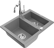 Mexen Carlos granitový dřez 1,5-komorový s kuchyňskou baterií Carla, šedý - 6518-71-670700-00