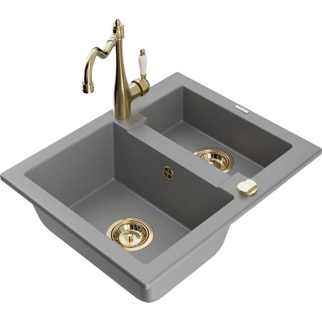 Mexen Carlos granitový dřez 1,5-komorový s kuchyňskou baterií Carla, šedý - 6518-71-670700-50