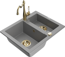 Mexen Carlos granitový dřez 1,5-komorový s kuchyňskou baterií Carla, šedý - 6518-71-670700-50