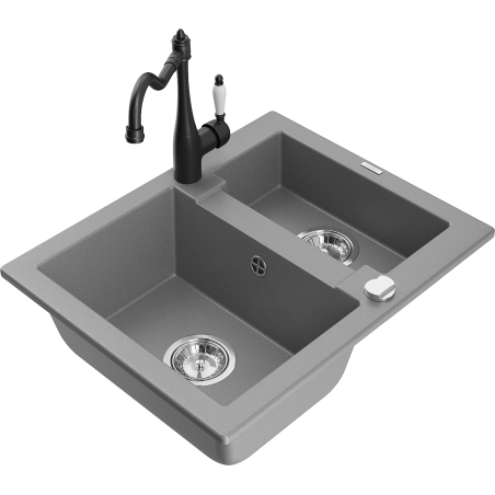 Mexen Carlos žulový dřez s 1,5 komorami s kuchyňskou baterií Carla, šedý - 6518-71-670700-70