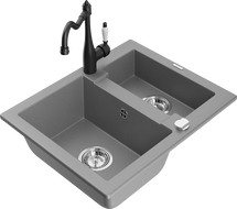 Mexen Carlos žulový dřez s 1,5 komorami s kuchyňskou baterií Carla, šedý - 6518-71-670700-70