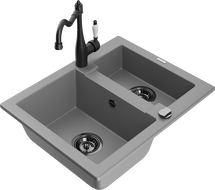 Mexen Carlos granitový dřez 1,5-komorový s kuchyňskou baterií Carla, šedý - 6518-71-670700-70-B