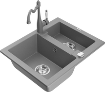 Mexen Carlos žulový dřez 1,5-komorový s kuchyňskou baterií Carla, šedý - 6518-71-670700-71
