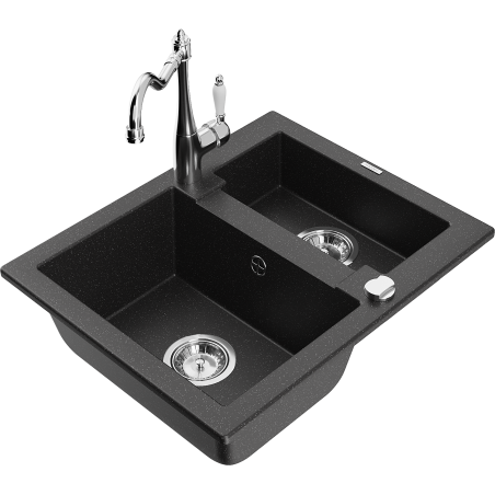 Mexen Carlos granitový dřez 1,5-komorový s kuchyňskou baterií Carla, černý/stříbrný metalik - 6518-73-670700-00