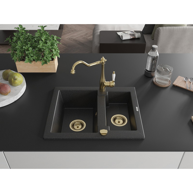 Mexen Carlos granitový dřez 1,5-komorový s kuchyňskou baterií Carla, černá/stříbrná metalíza - 6518-73-670700-50