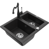 Mexen Carlos granitový dřez 1,5-komorový s kuchyňskou baterií Carla, černý/stříbrný metalík - 6518-73-670700-70