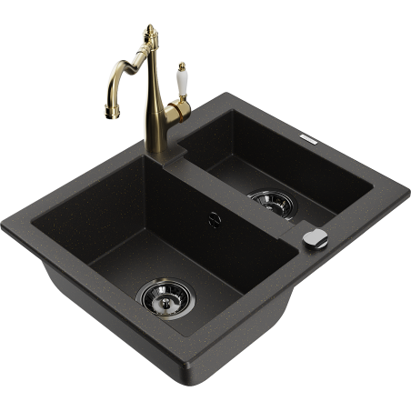 Mexen Carlos granitový dřez 1,5-komorový s kuchyňskou baterií Carla, černý/zlatý metalik - 6518-75-670700-50-B