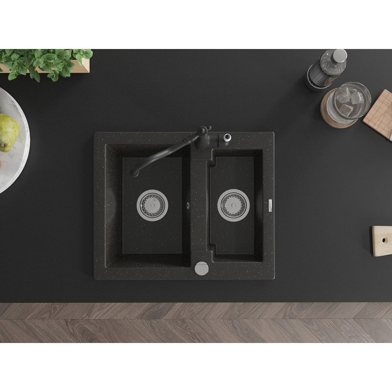 Mexen Carlos granitový dřez 1,5-komorový s kuchyňskou baterií Carla, černý/zlatý metalik - 6518-75-670700-70