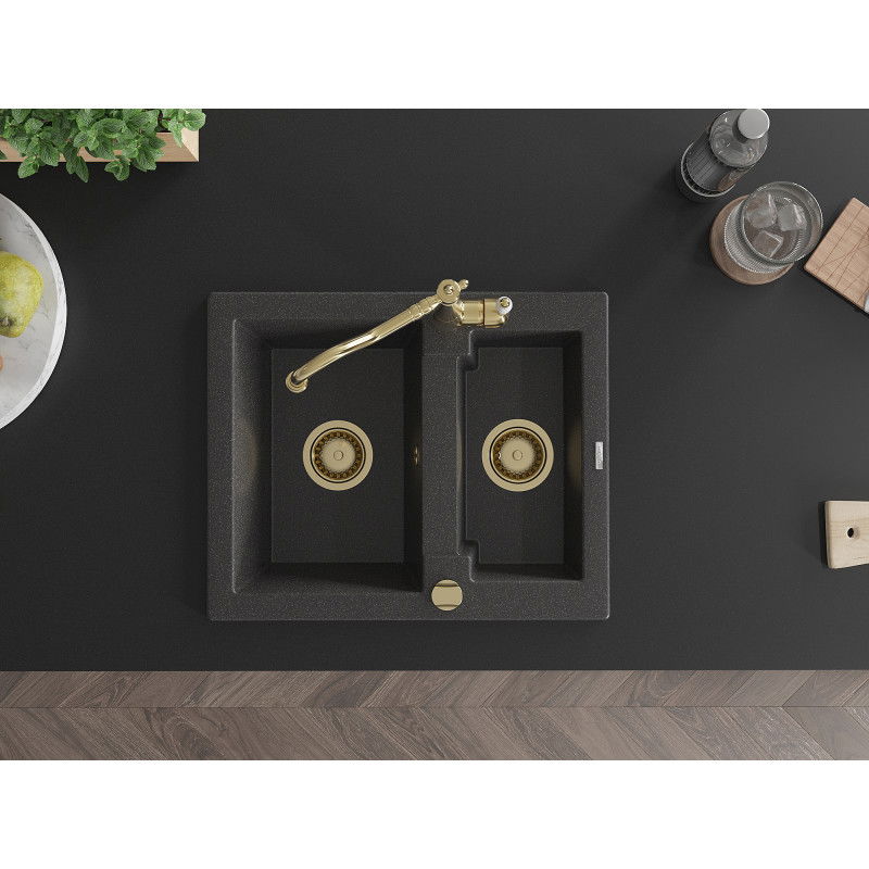 Mexen Carlos žulový dřez 1,5-komorový s kuchyňskou baterií Carla, černý skvrnitý - 6518-76-670700-50