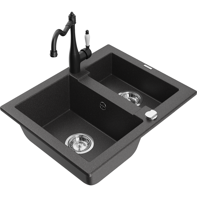 Mexen Carlos granitový dřez 1,5-komorový s kuchyňskou baterií Carla, černý kropenatý - 6518-76-670700-70