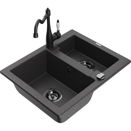 Mexen Carlos žulový dřez 1,5-komorový s kuchyňskou baterií Carla, černý skvrnitý - 6518-76-670700-70-B