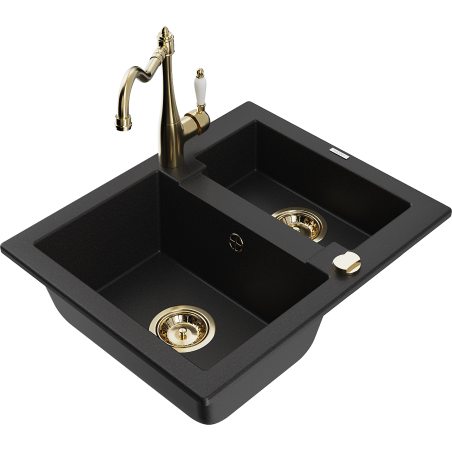 Mexen Carlos žulový dřez 1,5-komorový s kuchyňskou baterií Carla, černý - 6518-77-670700-50