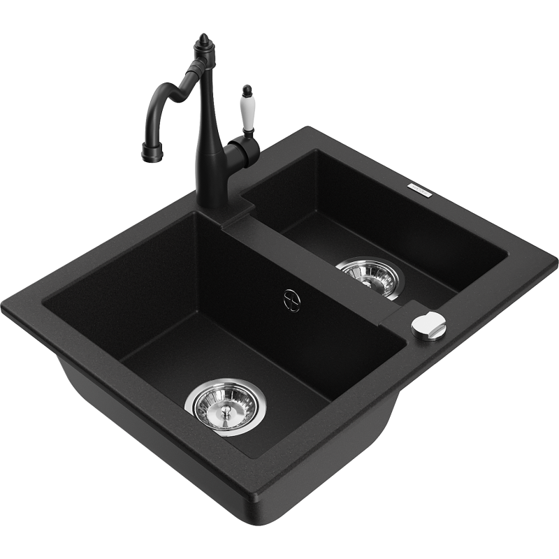Mexen Carlos žulový dřez 1,5-komorový s kuchyňskou baterií Carla, černý - 6518-77-670700-70