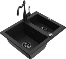 Mexen Carlos žulový dřez 1,5-komorový s kuchyňskou baterií Carla, černý - 6518-77-670700-70-B