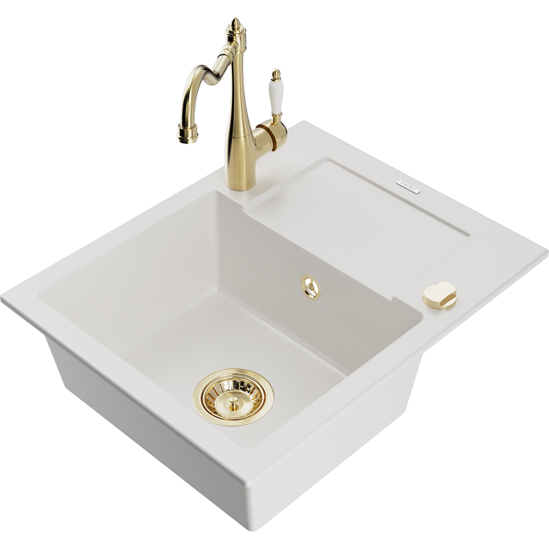 Mexen Enzo granitový dřez s jednou komorou a odkapávačem a kuchyňskou baterií Carla, bílý - 6506-20-670700-50