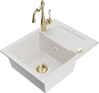 Mexen Enzo granitový dřez s jednou komorou a odkapávačem a kuchyňskou baterií Carla, bílý - 6506-20-670700-50