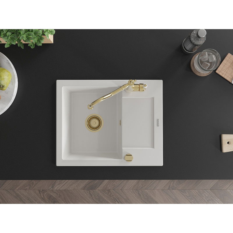 Mexen Enzo granitový dřez s jednou komorou a odkapávačem a kuchyňskou baterií Carla, bílý - 6506-20-670700-50