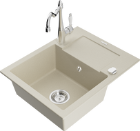 Mexen Enzo granitový dřez s 1 komorou a odkapávačem a kuchyňskou baterií Carla, béžový - 6506-69-670700-00