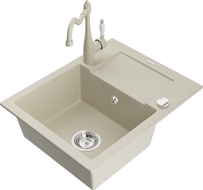 Mexen Enzo granitový dřez 1-komorový s odkapávačem a kuchyňskou baterií Carla, béžový - 6506-69-670700-69