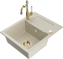 Mexen Enzo granitový dřez 1-komorový s odkapávačem a kuchyňskou baterií Carla, béžový - 6506-69-670700-50