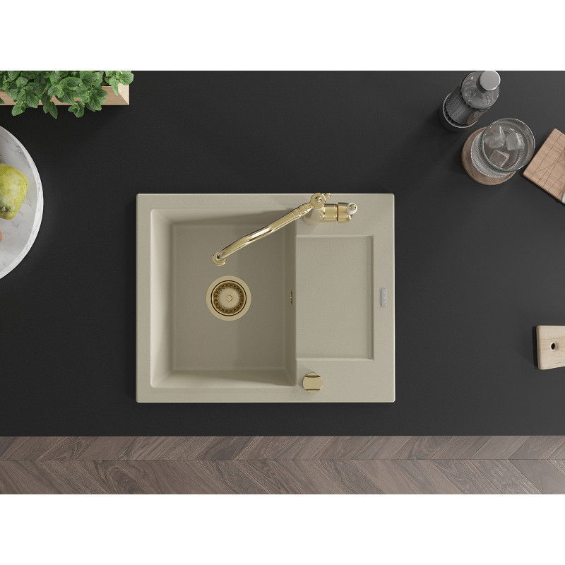 Mexen Enzo granitový dřez 1-komorový s odkapávačem a kuchyňskou baterií Carla, béžový - 6506-69-670700-50