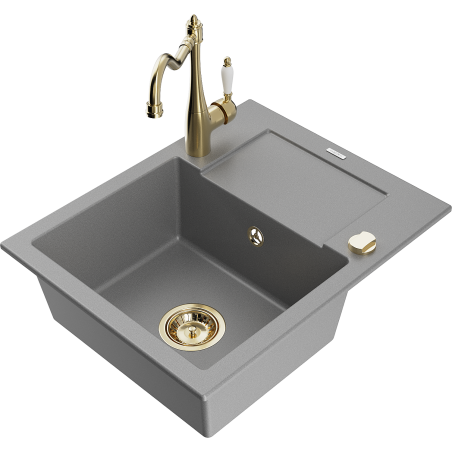 Mexen Enzo granitový dřez 1-komorový s odkapávačem a kuchyňská baterie Carla, šedá - 6506-71-670700-50