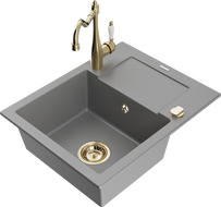 Mexen Enzo granitový dřez 1-komorový s odkapávačem a kuchyňská baterie Carla, šedá - 6506-71-670700-50