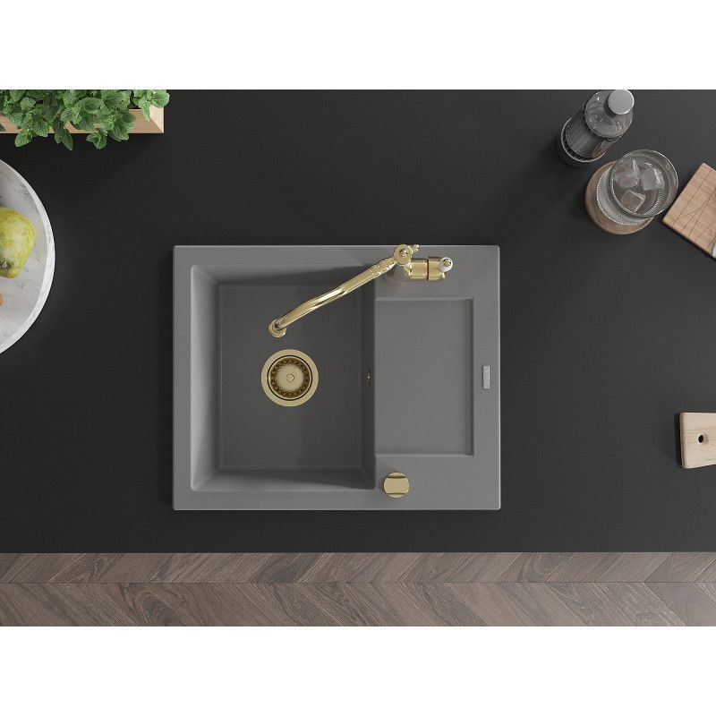 Mexen Enzo granitový dřez 1-komorový s odkapávačem a kuchyňská baterie Carla, šedá - 6506-71-670700-50