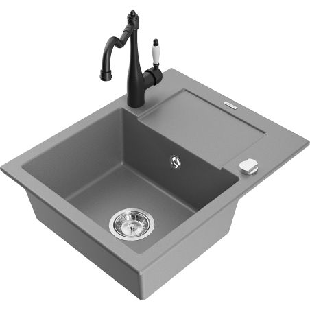Mexen Enzo granitový dřez s 1 komorou s odkapávačem a kuchyňskou baterií Carla, šedý - 6506-71-670700-70