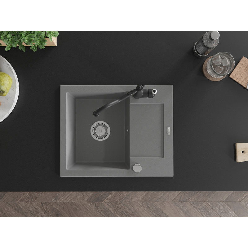 Mexen Enzo granitový dřez s 1 komorou s odkapávačem a kuchyňskou baterií Carla, šedý - 6506-71-670700-70
