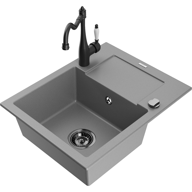 Mexen Enzo granitový kuchyňský dřez s 1 komorou s odkapávačem a kuchyňskou baterií Carla, šedý - 6506-71-670700-70-B