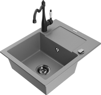 Mexen Enzo granitový kuchyňský dřez s 1 komorou s odkapávačem a kuchyňskou baterií Carla, šedý - 6506-71-670700-70-B