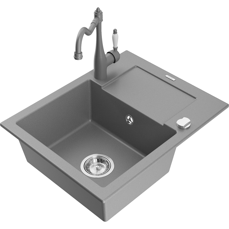 Mexen Enzo granitový dřez 1-komorový s odkapávačem a kuchyňskou baterií Carla, šedý - 6506-71-670700-71