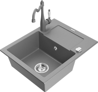 Mexen Enzo granitový dřez 1-komorový s odkapávačem a kuchyňskou baterií Carla, šedý - 6506-71-670700-71