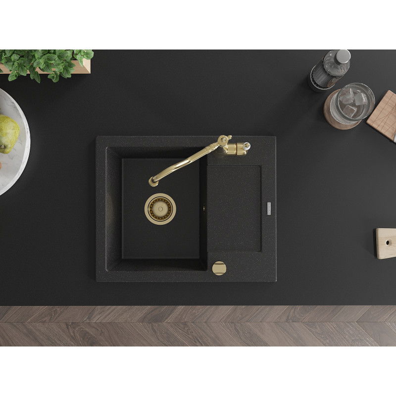 Mexen Enzo granitový dřez 1-komorový s odkapávačem a kuchyňská baterie Carla, černý/stříbrný metalik - 6506-73-670700-50