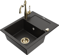 Mexen Enzo granitový dřez 1-komorový s odkapávačem a kuchyňskou baterií Carla, černý/zlatý metalický - 6506-75-670700-50
