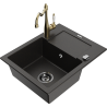 Mexen Enzo granitový dřez s jednou komorou, odkapávačem a kuchyňskou baterií Carla, černý/zlatý metalik - 6506-75-670700-50-B