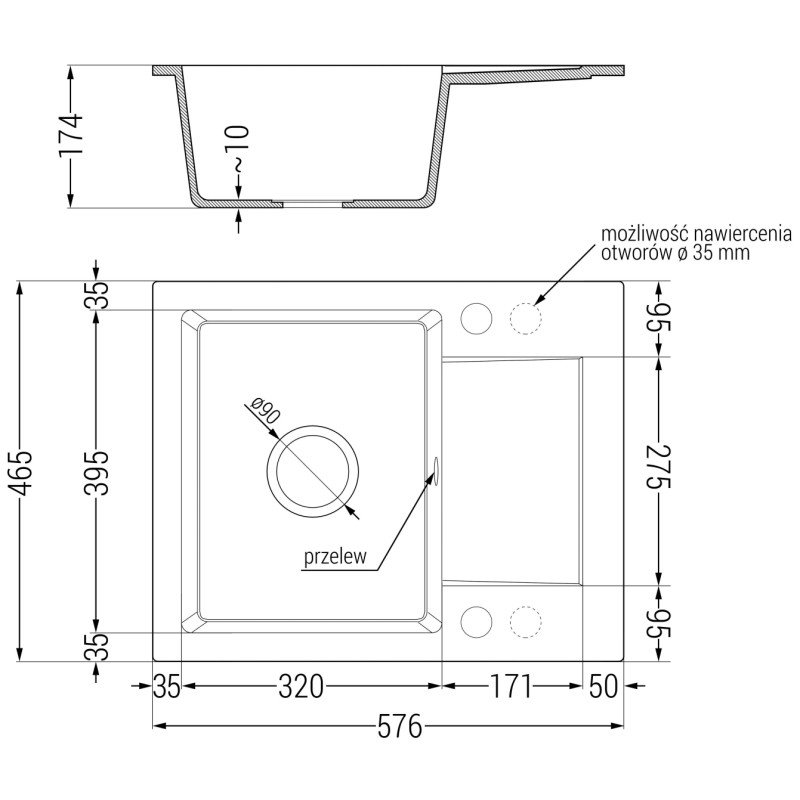 Mexen Enzo granitový dřez 1-komorový s odkapávačem a kuchyňskou baterií Carla, černý/zlatý metalík