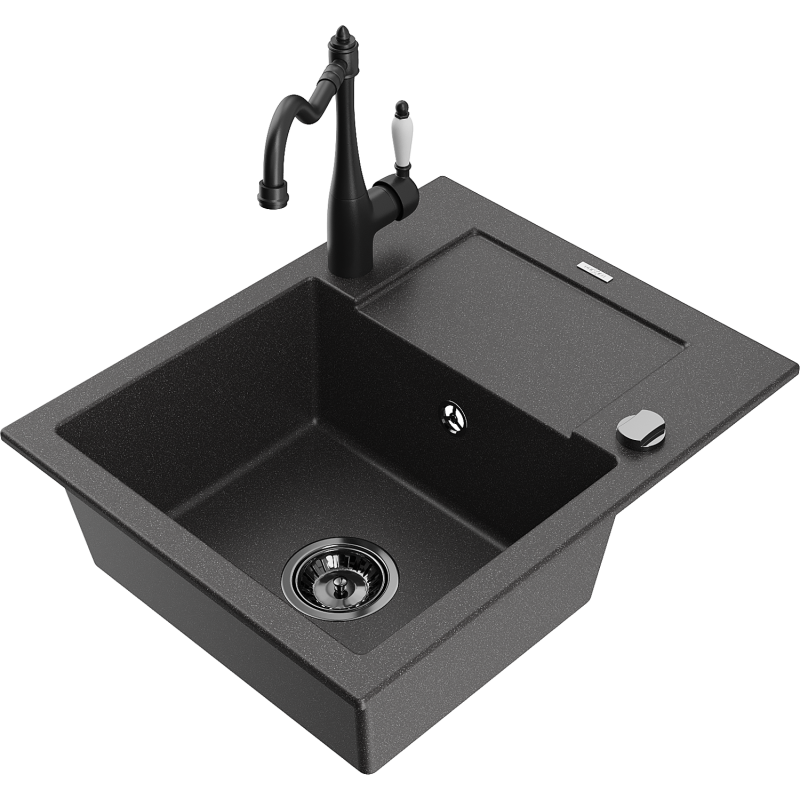 Mexen Enzo granitový dřez 1-komorový s odkapem a kuchyňskou baterií Carla, černý skvrnitý - 6506-76-670700-70-B