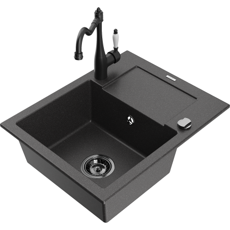 Mexen Enzo granitový dřez 1-komorový s odkapem a kuchyňskou baterií Carla, černý skvrnitý - 6506-76-670700-70-B