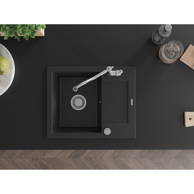 Mexen Enzo granitový jednodřez s odkapávačem a kuchyňskou baterií Carla, černý - 6506-77-670700-00