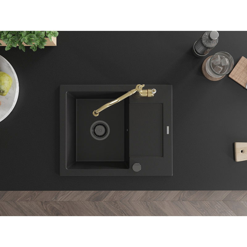 Mexen Enzo granitový dřez 1-komorový s odkapávačem a kuchyňskou baterií Carla, černý - 6506-77-670700-50-B