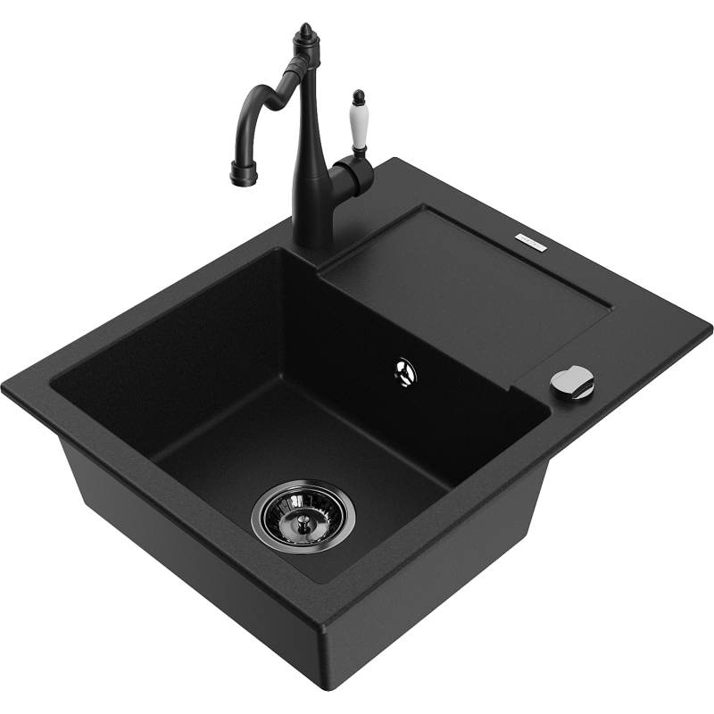 Mexen Enzo jednokomorový granitový dřez s odkapávačem a kuchyňskou baterií Carla, černý - 6506-77-670700-70-B
